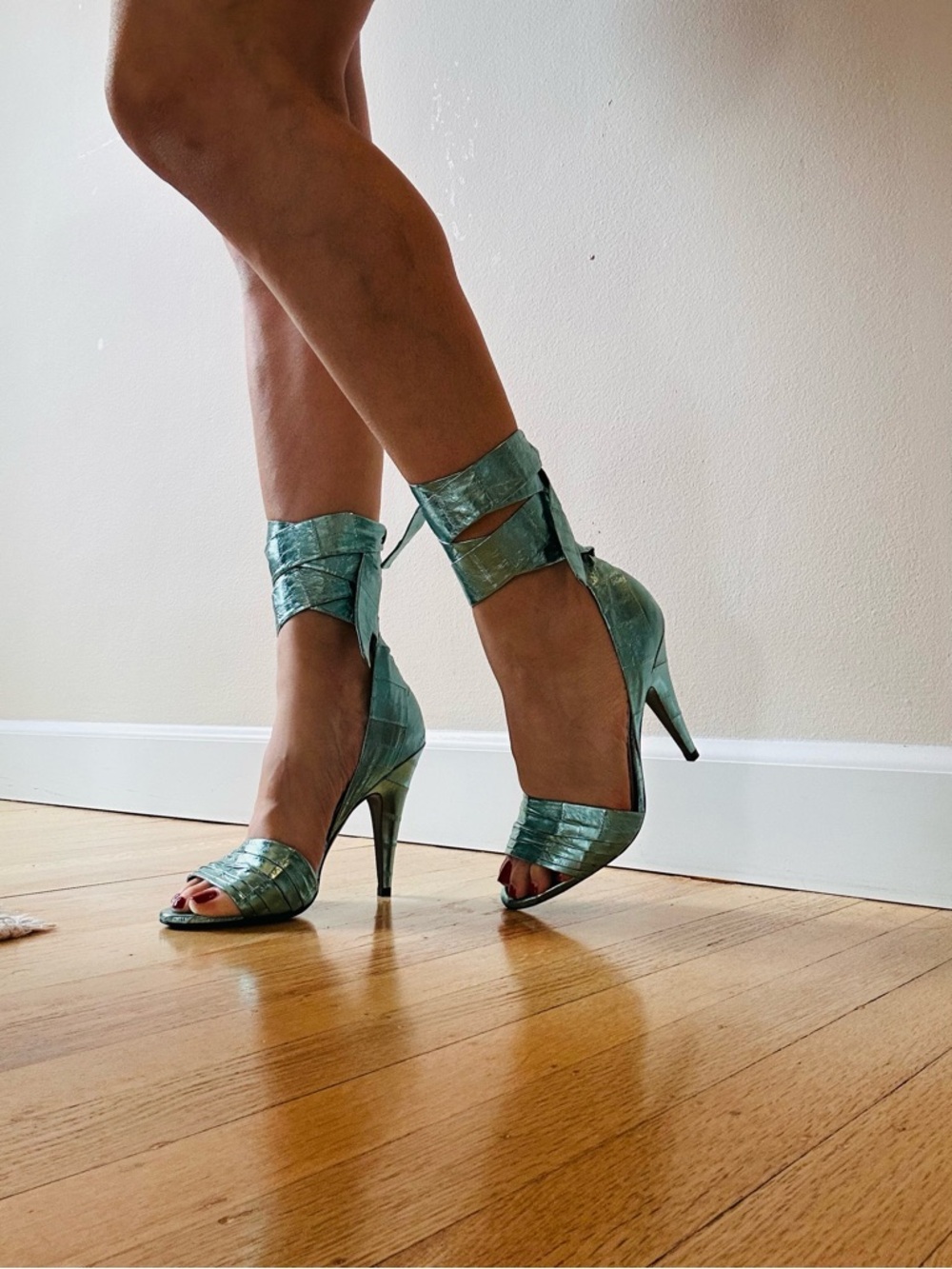 Tom Ford Green Metallic Wraparound heels Sandals